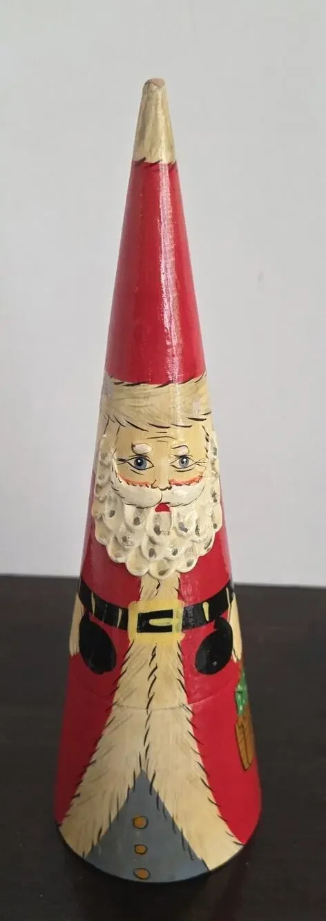 Vintage Nesting Santa Claus Dolls Cone Shape 2 Pc Wooden Carved 8
